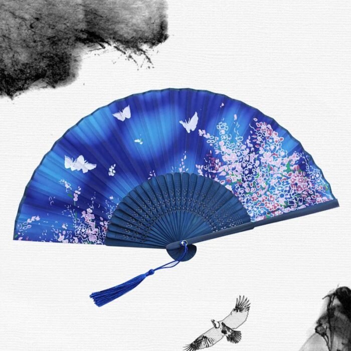Éventail Japonais Papillons Bleu