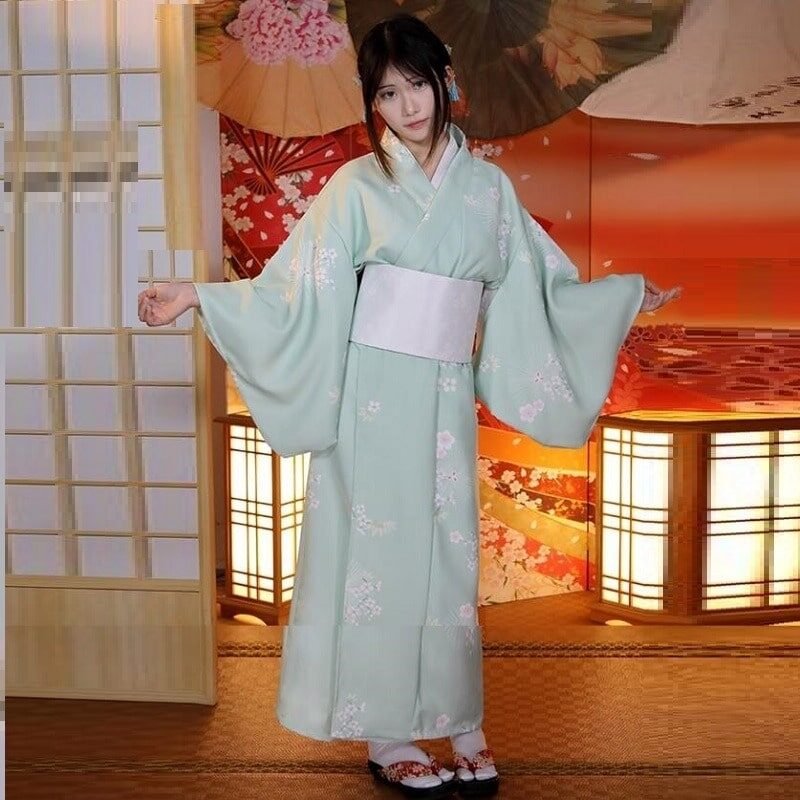 Kimono Japonais Femme Vert motif Cerisiers du Japon