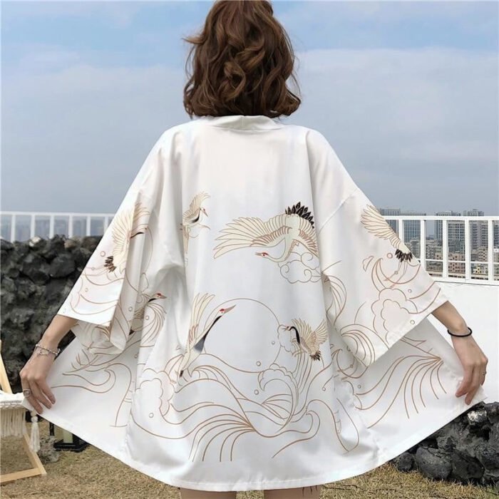 Veste Kimono Femme Traditionnelle Vague Japonaise Blanc