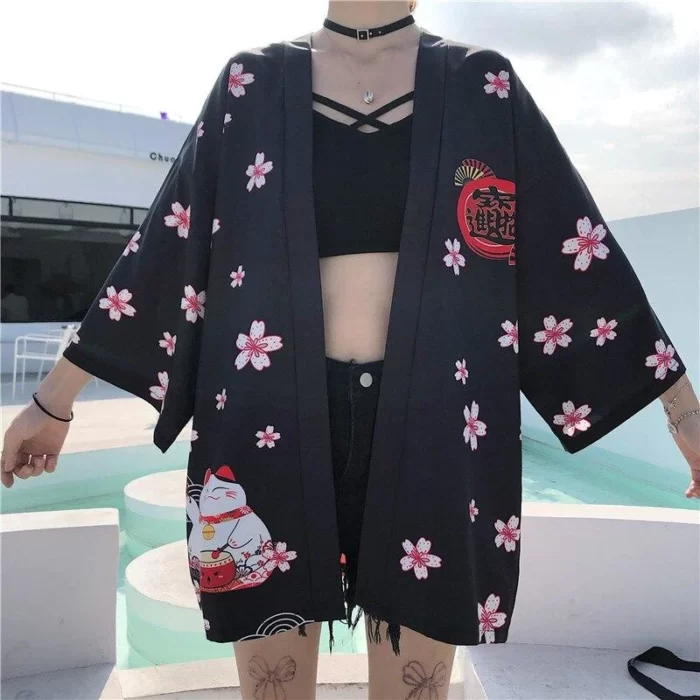 Kimono Femme Maneki Neko Noir