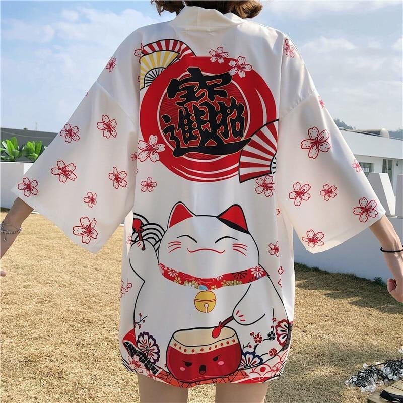 Veste Kimono Femme Maneki Neko blanc