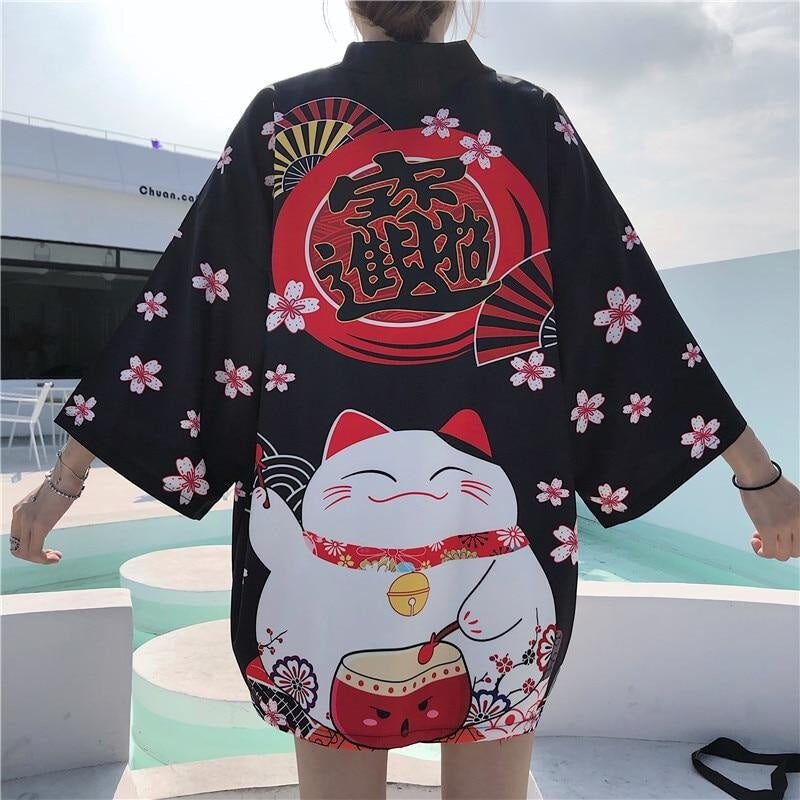 Veste Kimono Femme Maneki Neko Noir