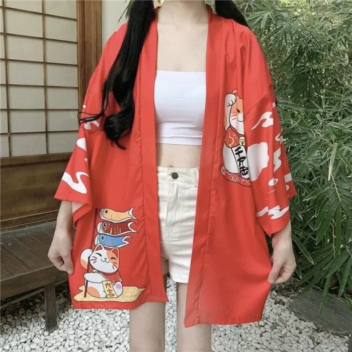 Veste Kimono japonaise Femme Maneki Neko Rouge