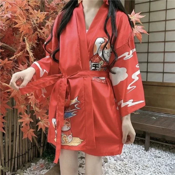 Veste Kimono Femme Maneki Neko Rouge