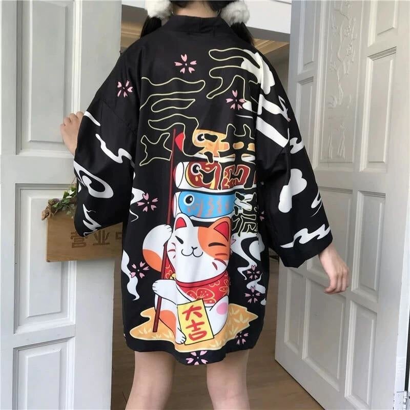 Veste Kimono Femme Long Maneki Neko Noir