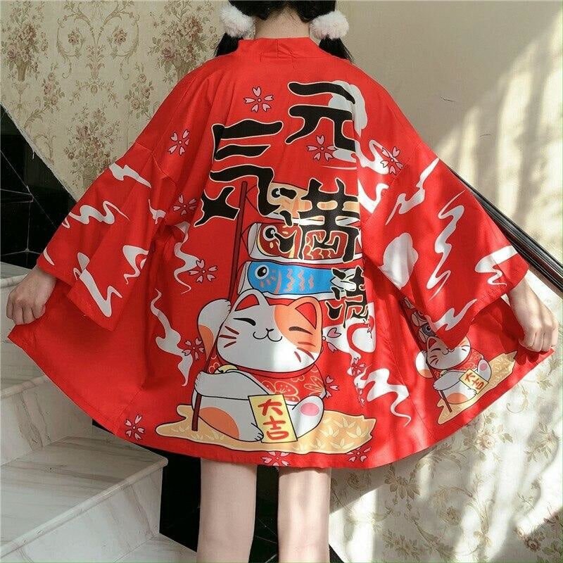 Veste Kimono Femme Long Maneki Neko Rouge
