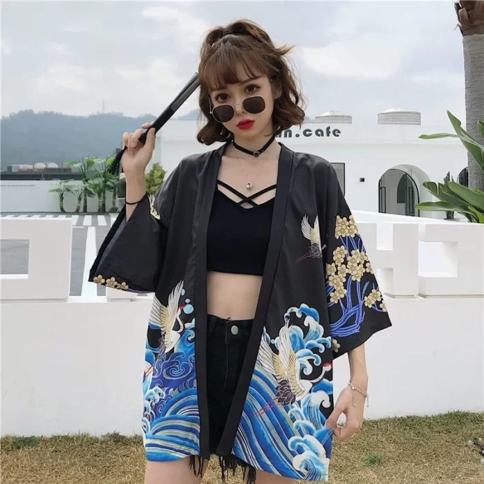Veste Kimono Femme japonaise Noir et Bleu