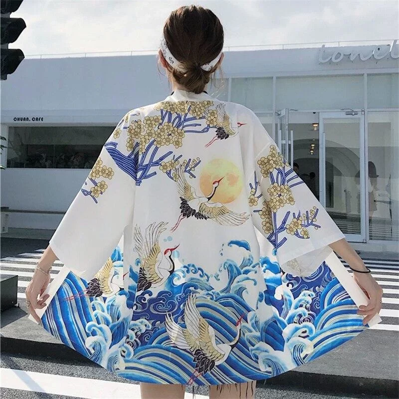 Veste Kimono Femme Lune Blanc et Bleu