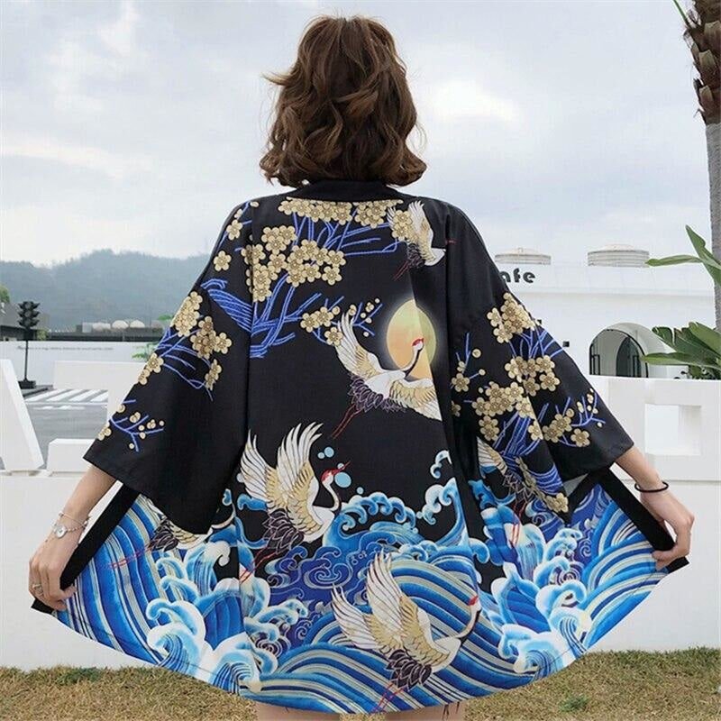 Veste Kimono Femme Lune Noir et Bleu