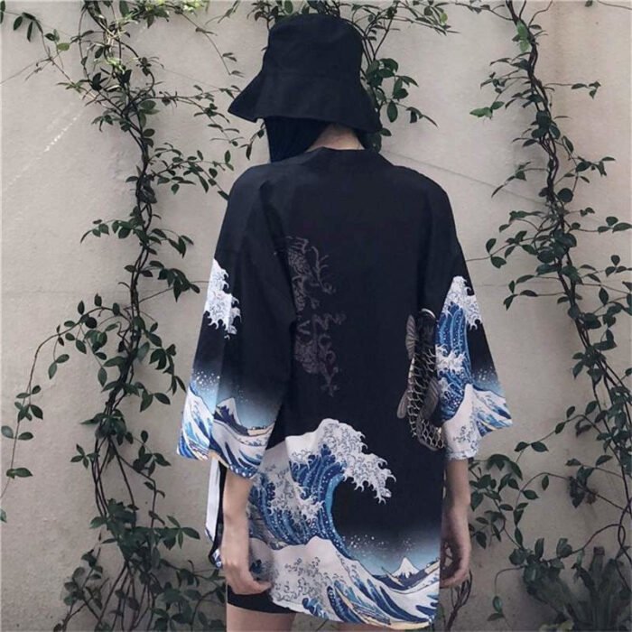 Veste Kimono Femme Noir Vague Kanagawa