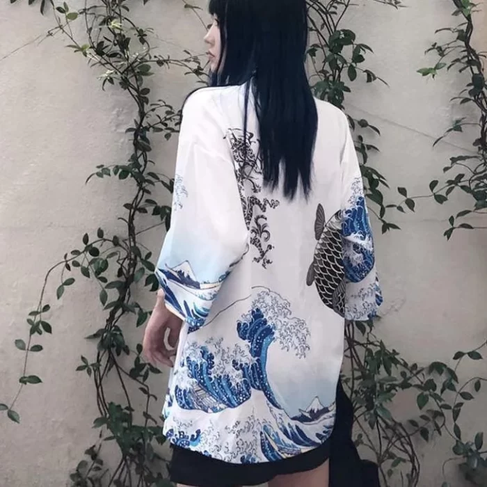 Veste Kimono Femme Blanc Vague Kanagawa