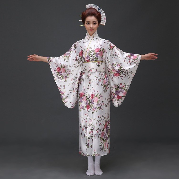 Kimono Japonais Femme Traditionnel Fleuri Blanc