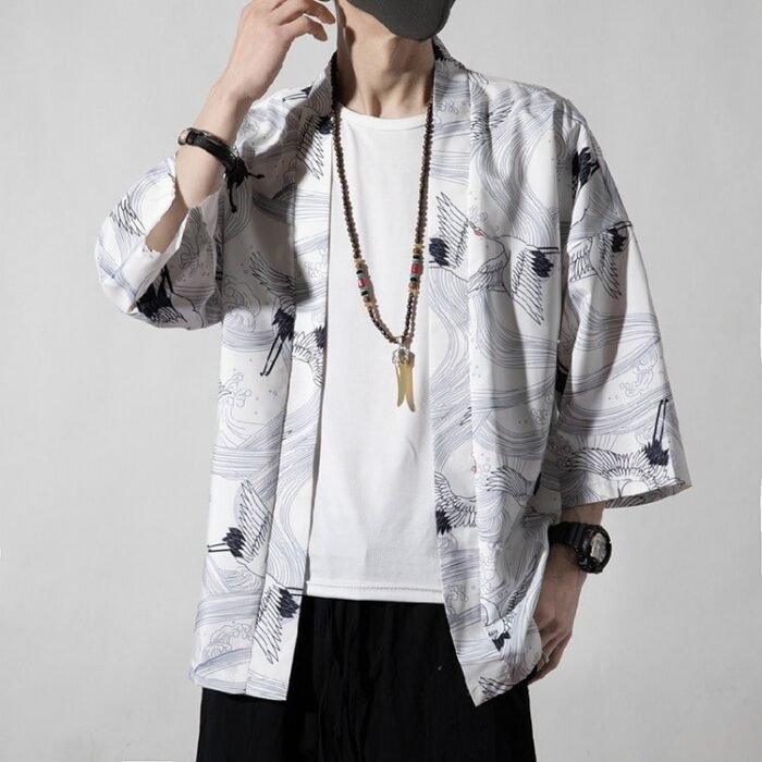 Veste Kimono Homme Imprimé Japonais Blanc